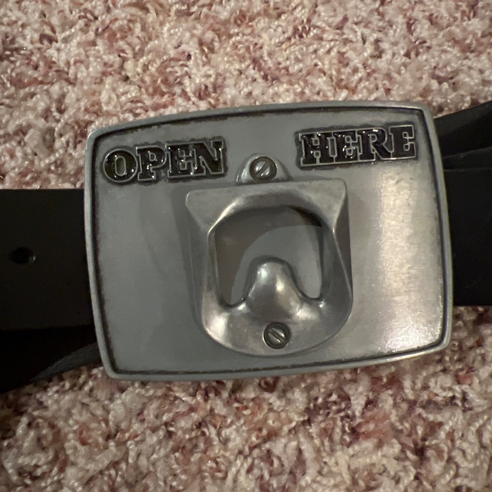 Open Here belt and bottle opener buckle